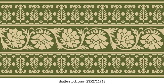 Vector seamless gold and green Indian national ornament. Ethnic endless plant border. Flowers frame. Poppies and leaves.
