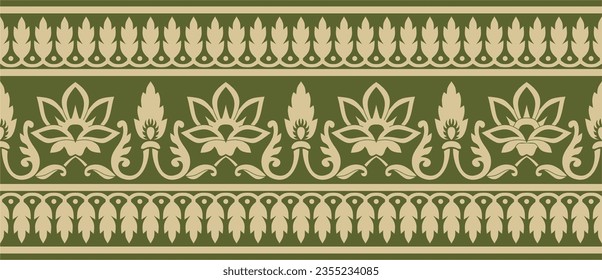 Vector seamless gold and green Indian national ornament. Ethnic endless plant border. Flowers frame. Poppies and leaves.
