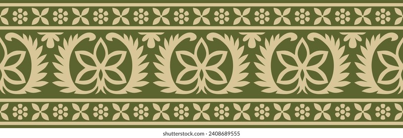 Vector seamless gold and green Indian national ornament. Ethnic endless plant border. Flowers frame. Poppies and leaves.
