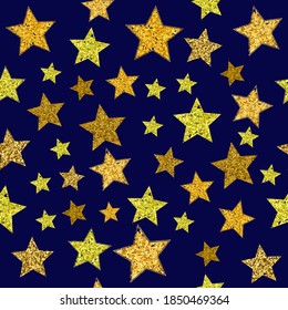 Vector Seamless Gold Grunge Glitter Stars on a Blue Background. Christmas Luxury Background for Greeting card, Packaging, Fabrics, Surface Design.