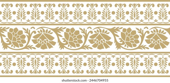 Vector seamless gold indian national ornament. Ethnic endless plant border. Flowers frame. Poppies and leaves.
