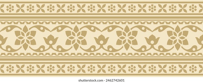 Vector seamless gold indian national ornament. Ethnic endless plant border. Flowers frame. Poppies and leaves.
