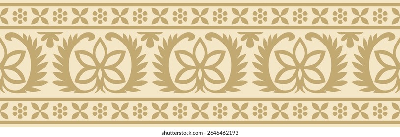 Vector seamless gold indian national ornament. Ethnic endless plant border. Flowers frame. Poppies and leaves.
