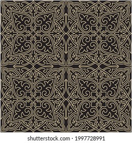 Vector seamless gold Kazakh national pattern. Square ethnic ornament of steppe nomadic peoples. Mongols, Tatars, Kalmyks, Kyrgyz