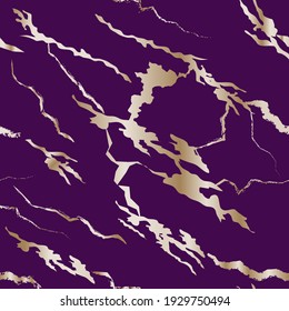 Mármol dorado sin vectores sobre fondo morado. Textura de piedra moderna dibujada a mano, patrón para cocina, baldosas de baño, papel pintado, diseño de embalaje, papel de envoltura, huellas.
