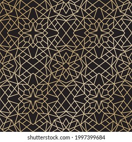 Vector seamless gold ornament on a black background. Pattern for the background. List of the walls of the mosque. Geometric lines
