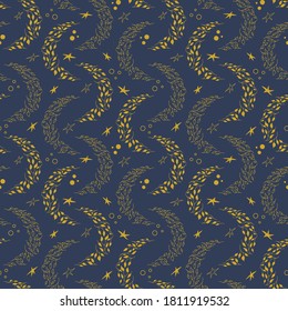 Vector seamless gold pattern with moons stars. Night vector pattern with dark sky elements for wallpaper and other design 