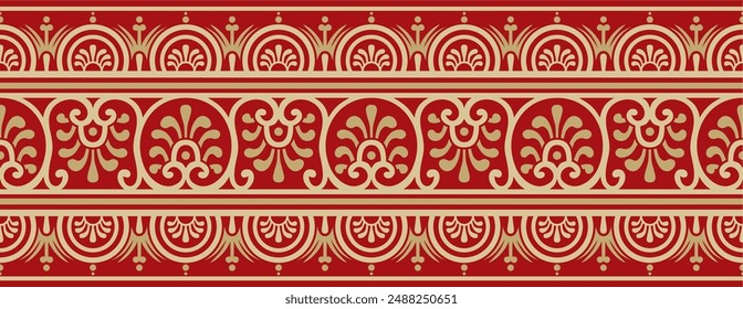 Vector seamless gold with red border, Pompeii frame. Endless Neopolitan ornament. Art of Ancient Rome.
