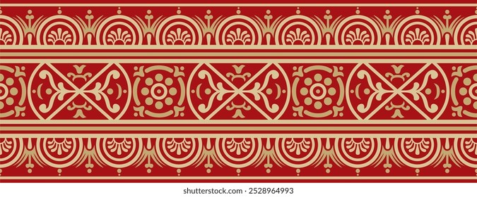 Vector seamless gold with red border, Pompeii frame. Endless Neopolitan ornament. Art of Ancient Rome.
