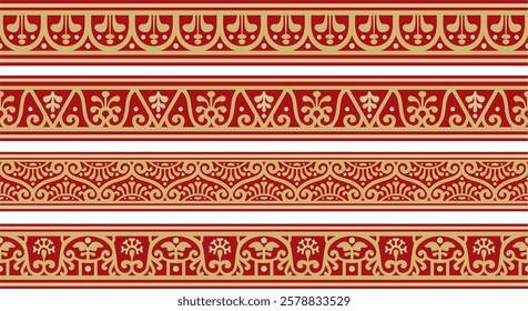 Vector seamless gold with red border, Pompeii frame. Endless Neopolitan ornament. Art of Ancient Rome.
