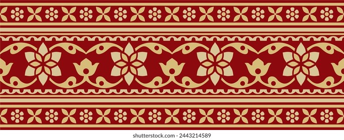 Vector seamless gold and red Indian national ornament. Ethnic endless plant border. Flowers frame. Poppies and leaves.
