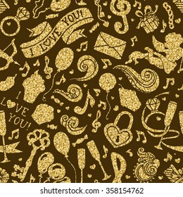 Vector seamless gold Valentine's pattern. Cupid, ring, muffins, swirls and ribbons, music notes and others symbols. Can be used for web page backgrounds, wallpapers, wrapping papers and invitations.