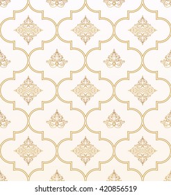 Vector seamless gold and white pattern with art ornament. Vintage elements for design in Eastern style. Ornamental lace background. Ornate floral decor for wallpaper. Endless texture