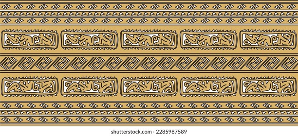 Vector seamless golden border ornament. Native American tribes framework.