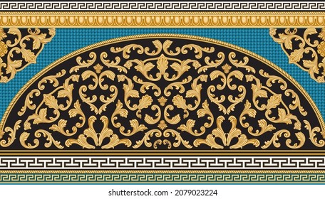 Vector seamless golden border print on a turquoise goosefoots pattern background. Greek meander frieze, Baroque golden flower scrolls. Scarf, shawl, rug carpet