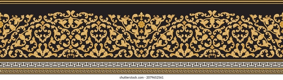 Vector seamless golden border print on a black background. Greek meander frieze, Baroque golden flower scrolls. Scarf, shawl, rug carpet. 5 pattern brushes in the brush palette