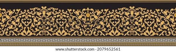 Vector seamless\
golden border print on a black background. Greek meander frieze,\
Baroque golden flower scrolls. Scarf, shawl, rug carpet. 5 pattern\
brushes in the brush\
palette