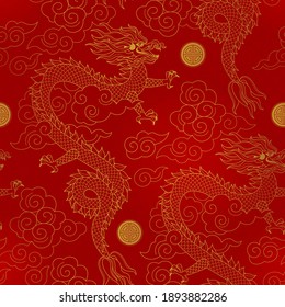 Vector seamless golden Chinese pattern with outline Chinese Dragons, clouds and Symbol of Prosperity. China traditional ornaments on red background. Line art ornamental design. Gold Сhina elements.