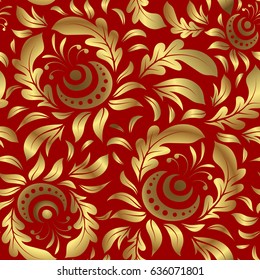 Vector seamless golden Christmas ornament pattern. Glittering background illustration on red backdrop.