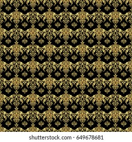 Vector seamless golden Christmas ornament pattern. Glittering background illustration on black backdrop.