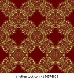 Vector seamless golden Christmas ornament pattern. Glittering background illustration on red backdrop.