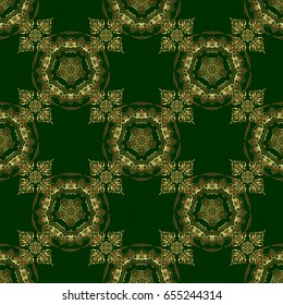 Vector seamless golden Christmas ornament pattern. Glittering background illustration on green backdrop.