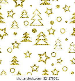 Vector seamless golden christmas trees, stars and dots pattern. Glittering background illustration. 