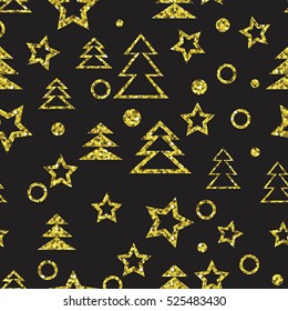 Vector seamless golden christmas trees, stars and dots pattern. Glittering background illustration.