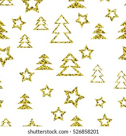 Vector seamless golden christmas trees, stars and dots pattern. Glittering background illustration. 