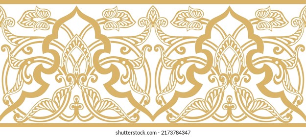 Vector seamless golden oriental ornament. Endless Arabic patterned border, frame. Persian painting.
