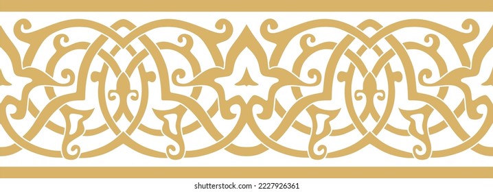 Vector seamless golden oriental ornament. Endless Arabic patterned border, frame. Persian painting