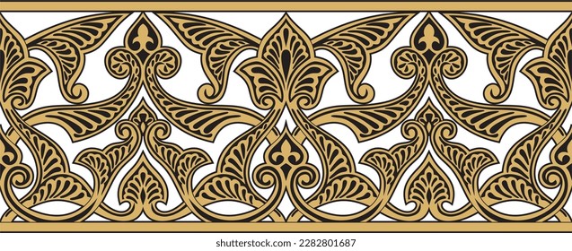 Vector seamless golden oriental ornament. Endless Arabic patterned border, frame. Persian painting.
