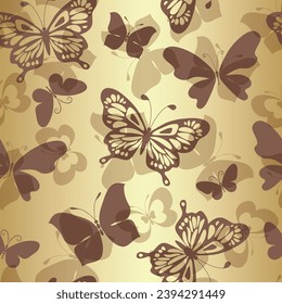 Vector seamless golden pattern with silhouettes of flying colorful butterflies of various shapes