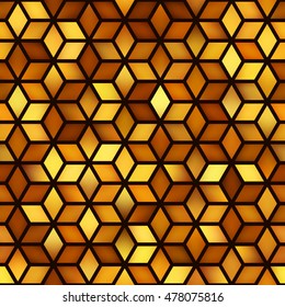 Vector Seamless Golden Shades Gradient Cube Shape Rhombus Grid Pattern. Abstract Geometric Background Design