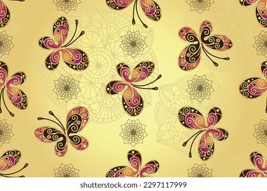 Vector seamless golden spring pattern with openwork butterflies and flowers 