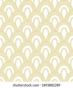 Vector seamless golden wave pattern with outline ornaments in Chinese style. Geometric abstract line art ornamental design. Gold traditional lineart Сhina elements on white background.