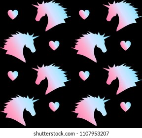 vector seamless gradient pastel holographic pink blue unicorn head heart pattern on black background 