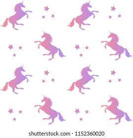 Vector seamless gradient pastel orange pink violet unicorn horse silhouette pattern isolated on white background