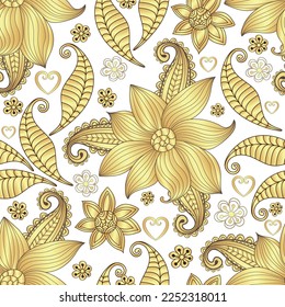 Vector seamless gradient pattern with golden vintage flowers and hearts on white