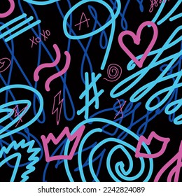 Vector seamless graffiti pattern. On a black background, bright drawings in pink and blue tones. Heart, hash, waves and wills.