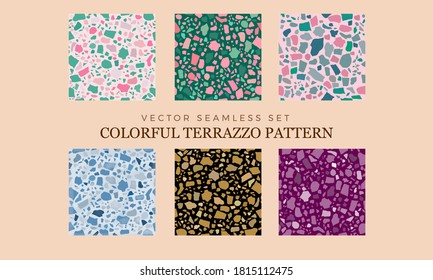 Vector Seamless Granite, Terrazzo Colorful Pattern Set of 6 Stone Tiles with Abstract shapes and texture. Modern Stone Design for Kitchen, Bathroom, Wallpaper, Surface Design.