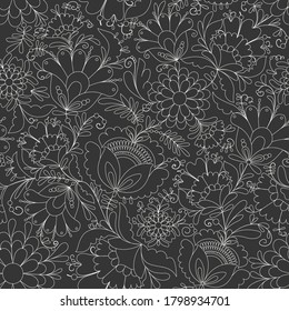 Vector seamless graphic floral pattern on dark background. Ukrainian style folk art elements. Stylized texture with linear opishnya  flowers and leaves
