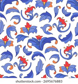 Vector seamless graphic pattern featuring elegant curly blue leaves and bright red flowers in a medieval decorative style