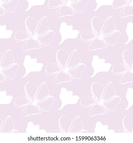 Vector seamless graphic pattern with  Flowers of Plumeria Alba. Light pink background with white flowers.  Doodle style. Hand drawing  Frangipani. For texrile design, Fabric. Tissue paper