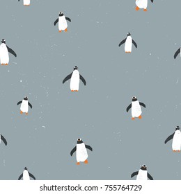 Vector seamless graphic pattern with penguins and grunge texture and snow on background. For placards, brochures, posters, greeting cards, fabrics.