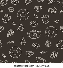 Vector seamless graphic pattern with sweet cupcakes and tea kettle on the white background. Line drawing doodle pattern.