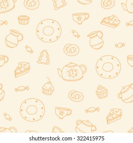 Vector seamless graphic pattern with sweet cupcakes and tea kettle on the white background. Line drawing doodle pattern.