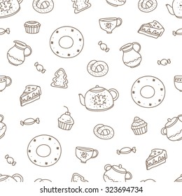 Vector seamless graphic pattern with sweet cupcakes and tea kettle on the white background. Line drawing doodle pattern.