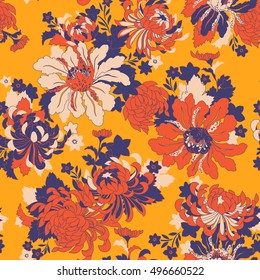 Vektornahtlose grafische Chrysanthemum-Blumenmuster mit Blättern, orientalischer, floraler Hintergrund, Allover-Druck, umrissen