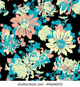 flor crisantemo artístico gráfico vectorial sin fisuras, estampado de fondo floral oriental estilizado, delineado